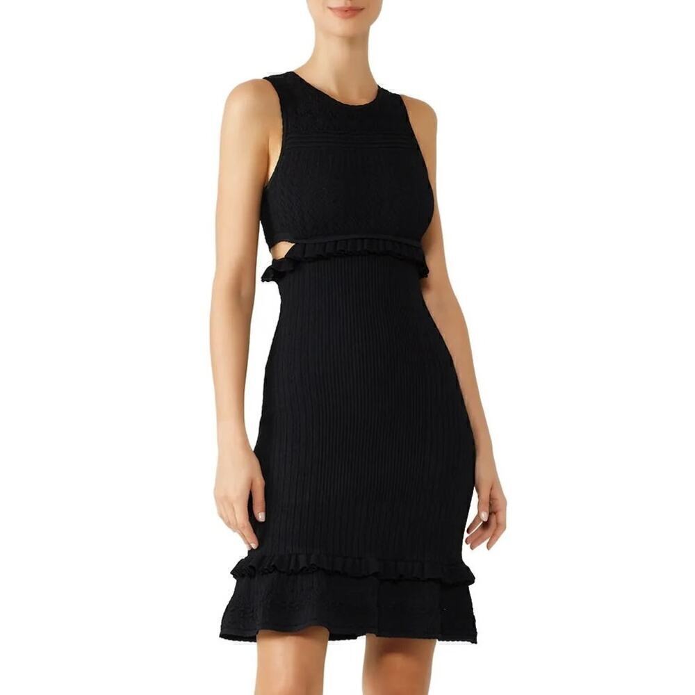 Ronny Kobo Nova Dress Ribbed Knit Sleeveless Side Cutout Ruffle Sheath Black L